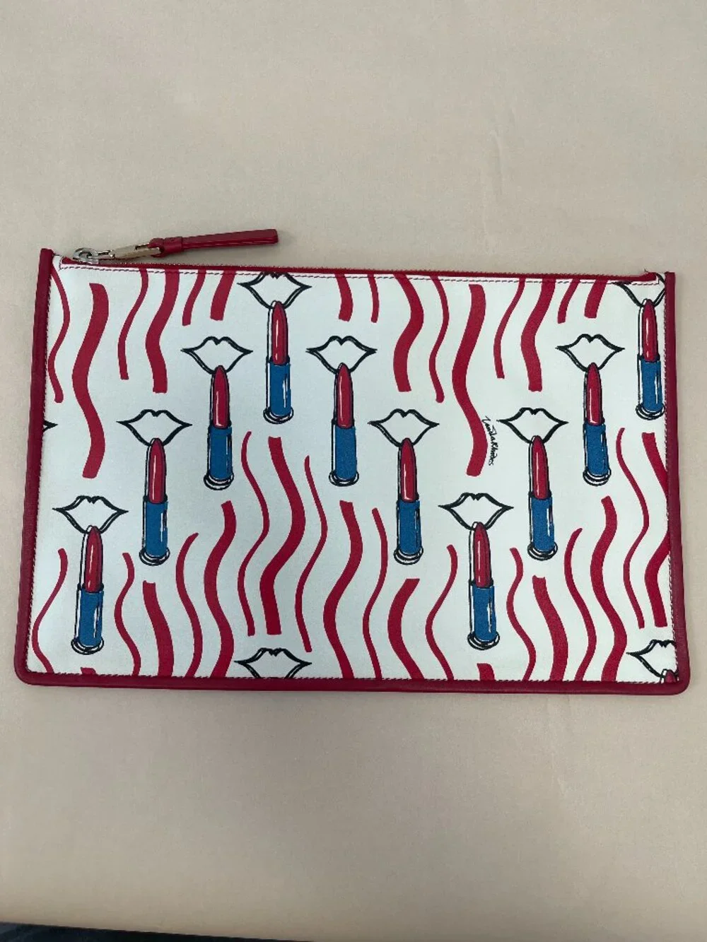 Valentino Garavani White & Red Lipstick Print Leather Large Pouch - Preowned